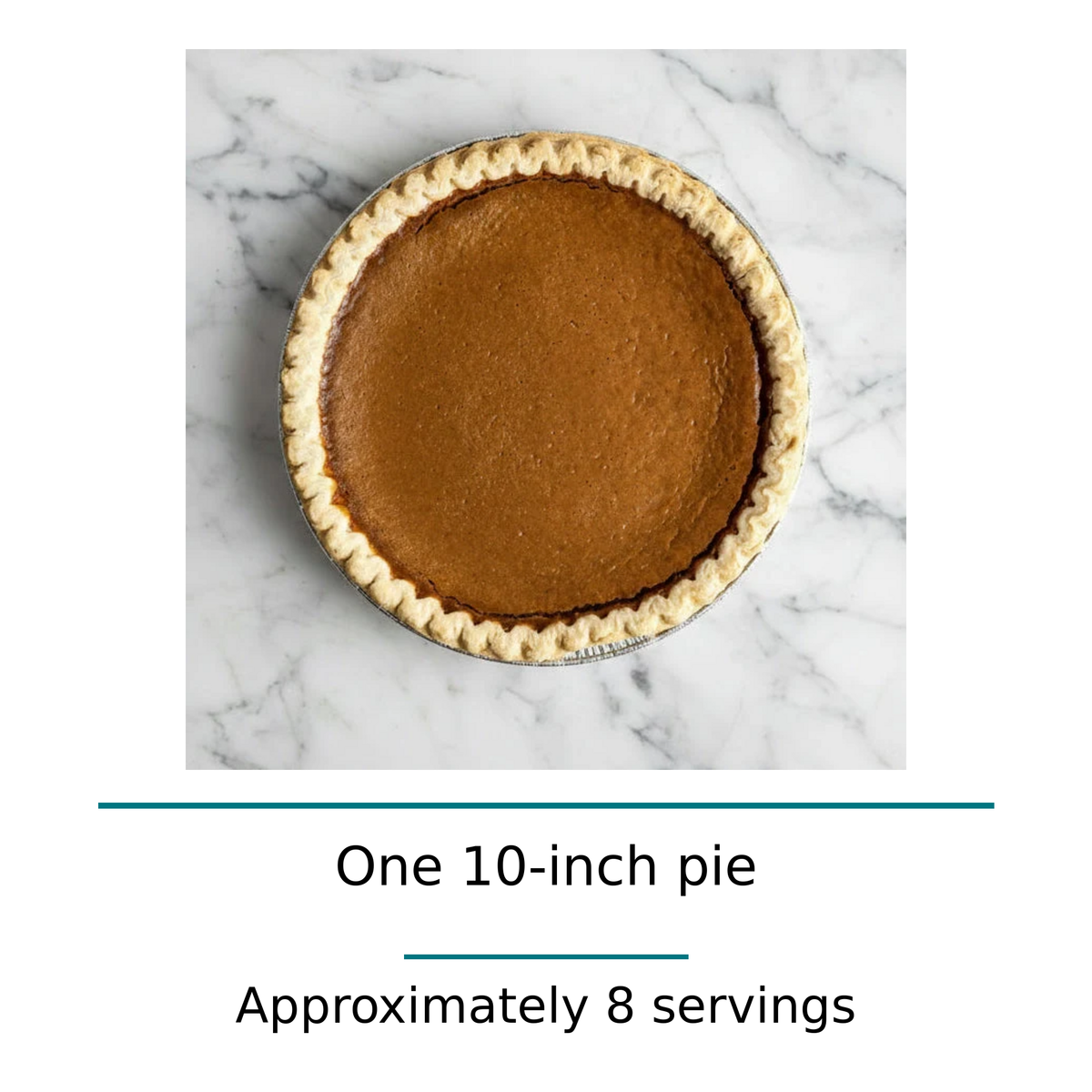 Overhead photo of Brown’s Market Sweet Potato Pie with text reading “One 10-inch pie” and “Approximately 8 servings.”