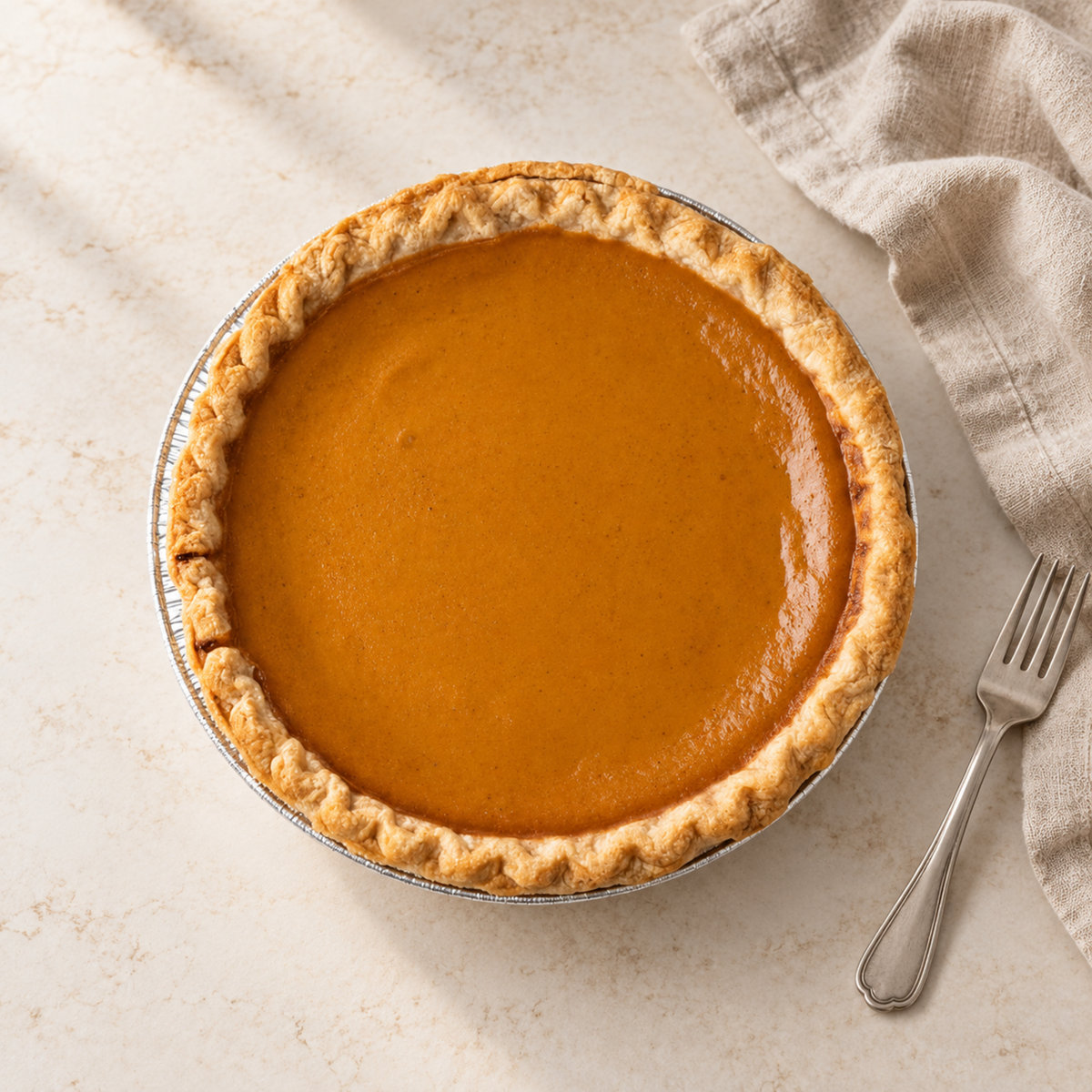 Whole Brown’s Market Sweet Pumpkin Pie on a neutral table with linen and a dessert fork.