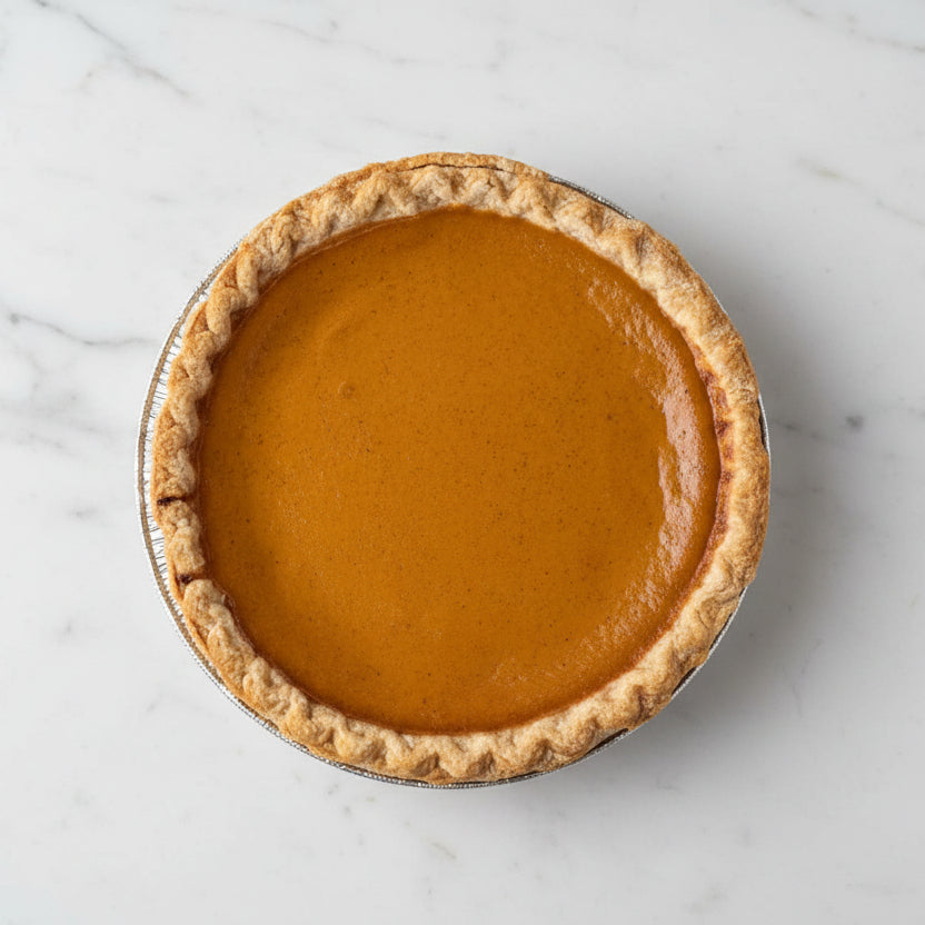 Whole Brown's Market sweet pumpkin pie with smooth orange filling and crimped crust in a foil pan, viewed from above