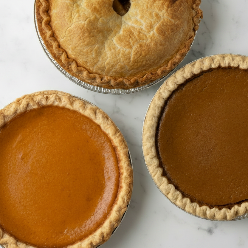 Overhead view of three pies with different crusts and fillings