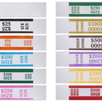 Assortment of pre-sealed currency straps showing color-coded dollar values from $25 through $10,000