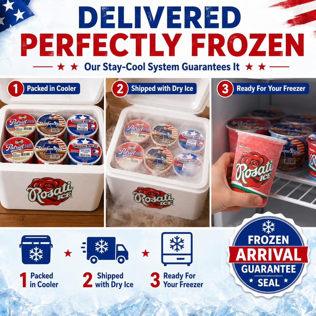 Promotional collage for Rosati Ice cream products showing three steps: packed in cooler, shipped with dry ice, and ready for freezer. Features a hand holding a frozen cup on a refrigerator shelf, with text about delivered perfectly frozen ice cream and a frozen arrival guarantee seal.