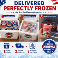 Promotional collage for Rosati Ice cream products showing three steps: packed in cooler, shipped with dry ice, and ready for freezer. Features a hand holding a frozen cup on a refrigerator shelf, with text about delivered perfectly frozen ice cream and a frozen arrival guarantee seal.