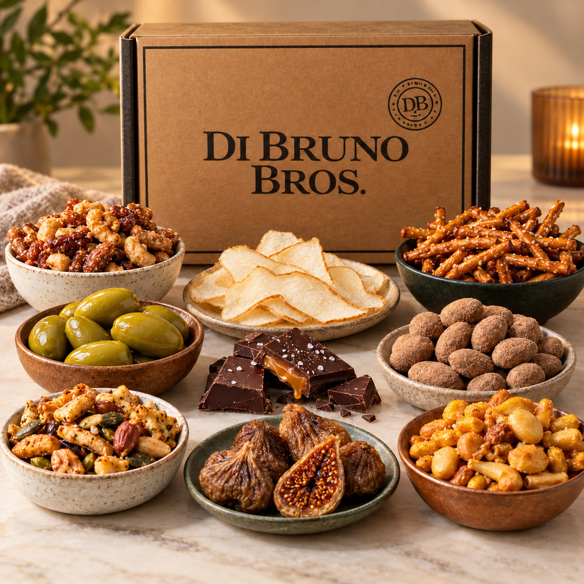 Di Bruno Bros. Binge Watch Gourmet Gift Box presented with its sweet and savory snack assortment