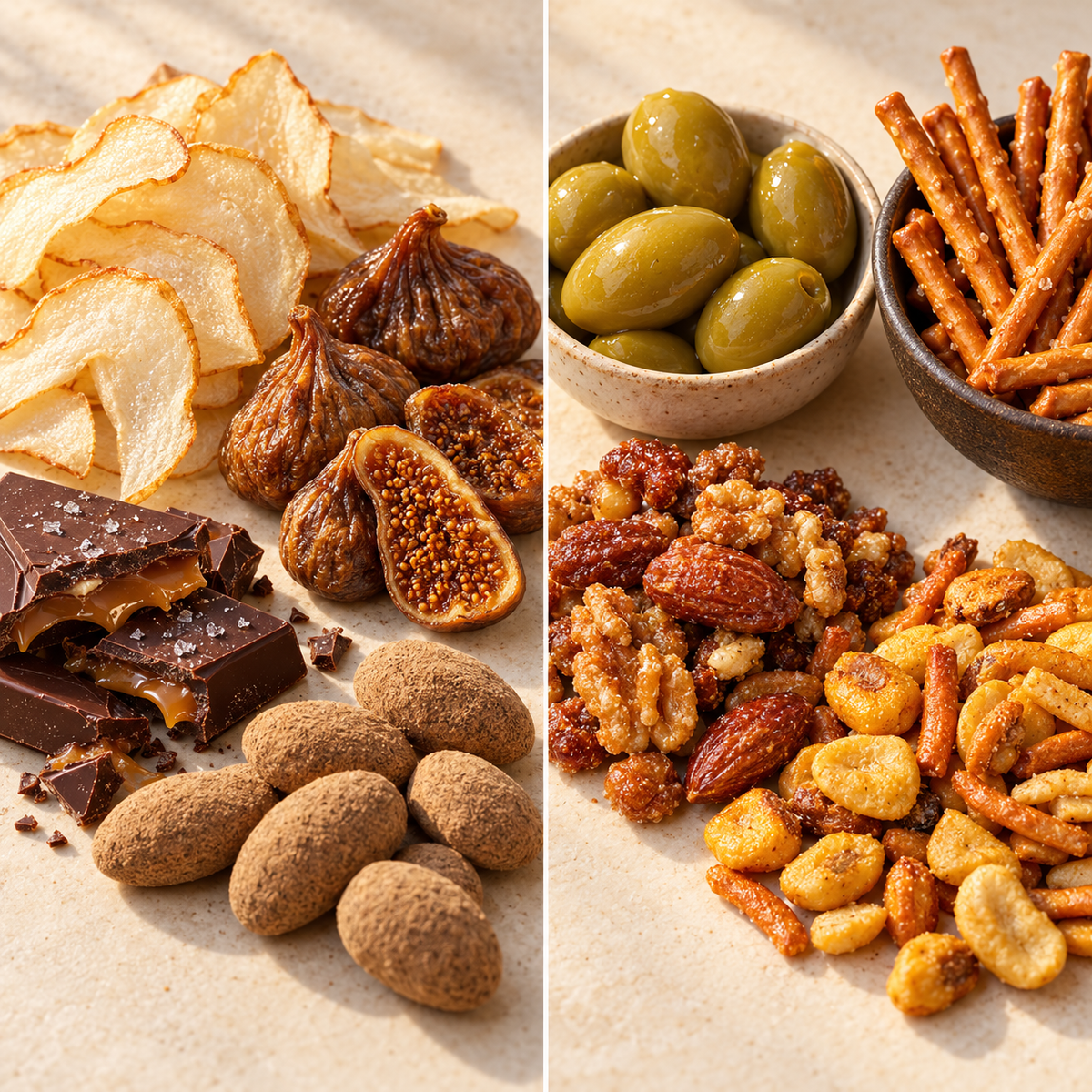 Sweet and savory Binge Watch Gift Box snacks displayed in two groups