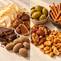 Sweet and savory Binge Watch Gift Box snacks displayed in two groups