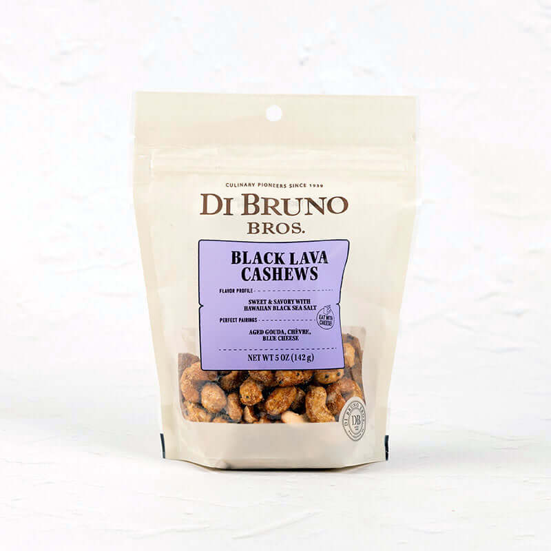 Bag of Di Bruno Bros. Black Lava Cashews pictured as an example candied nut variety