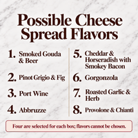 Graphic listing eight possible cheese spread flavors with four selected for each sampler box