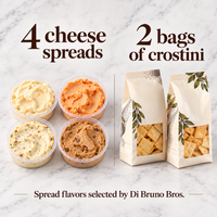 Four assorted Di Bruno Bros. cheese spreads and two bags of crostini shown as the sampler contents