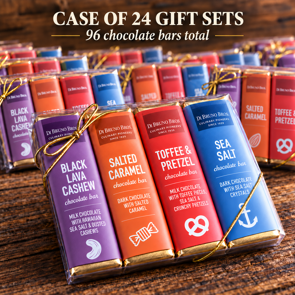 Illustrative chocolate tasting with dark and milk chocolate pieces, caramel, pretzel, almond, and sea salt