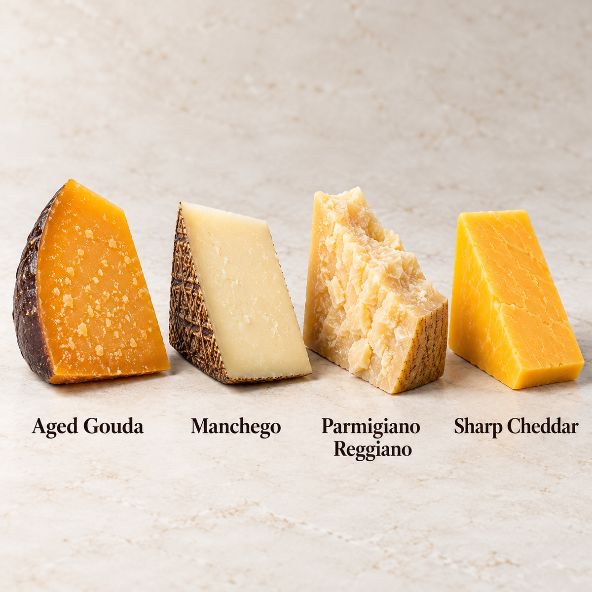 Aged Gouda, Manchego, Parmigiano Reggiano, and sharp cheddar displayed as four cheese selections
