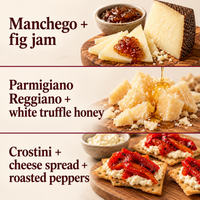 Three pairing ideas using Manchego, Parmigiano Reggiano, crostini, jam, honey, cheese spread, and roasted peppers