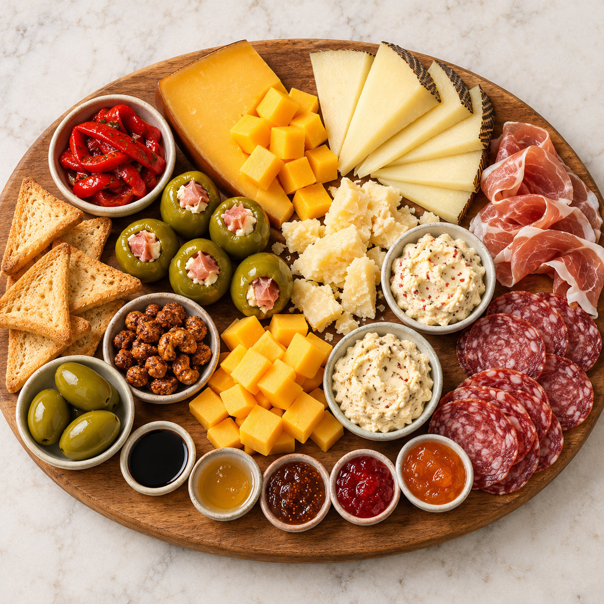 Serving suggestion with Extravaganza cheeses, cured meats, antipasti, crostini, spreads, jams, and nuts
