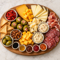 Serving suggestion with Extravaganza cheeses, cured meats, antipasti, crostini, spreads, jams, and nuts