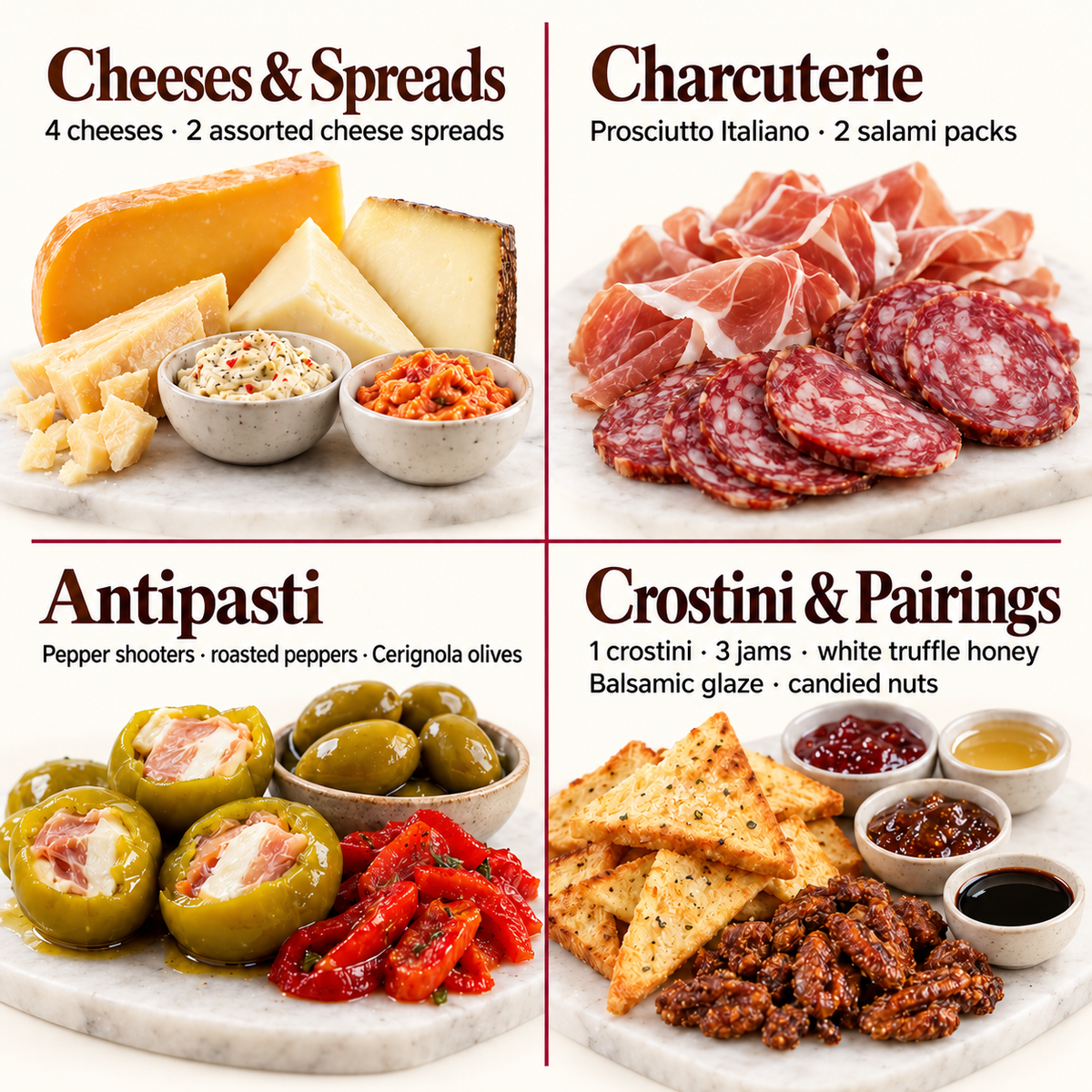 Visual guide grouping the Extravaganza gift contents into cheeses, charcuterie, antipasti, and pairings