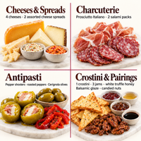 Visual guide grouping the Extravaganza gift contents into cheeses, charcuterie, antipasti, and pairings