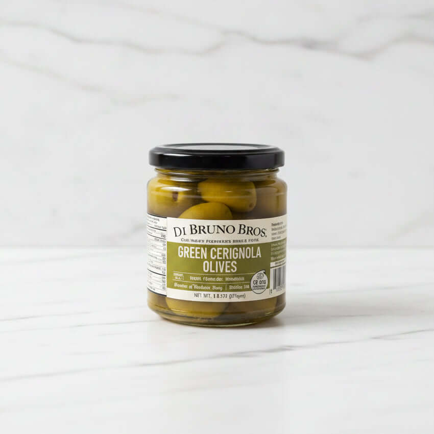 Jar of Di Bruno Bros. green Cerignola olives