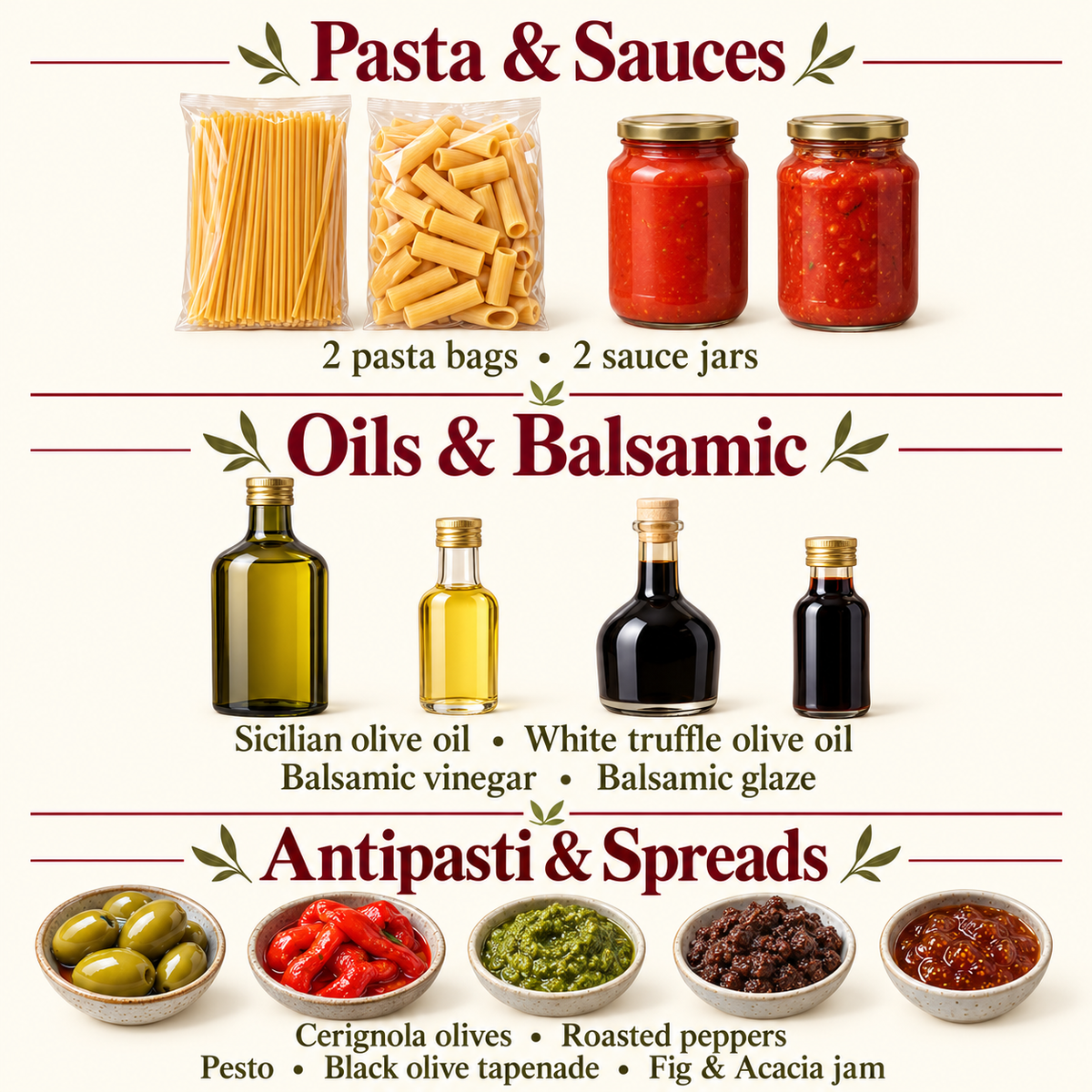 Guide to the pasta, sauces, oils, balsamic and antipasti in the Di Bruno Bros. Italian Kitchen gift crate.
