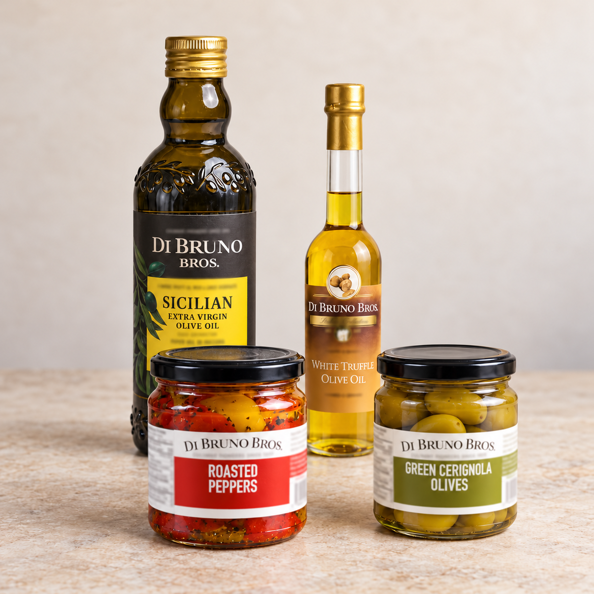 Di Bruno Bros. Sicilian and white truffle olive oils with roasted peppers and Cerignola olives.