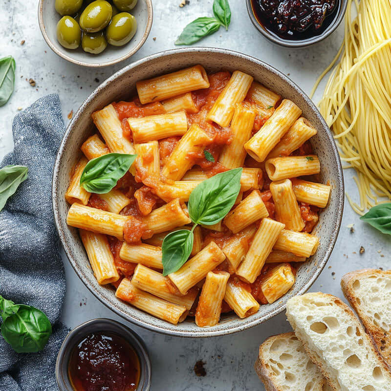 Bowl of pasta with tomato sauce and basil beside olives and other serving suggestions