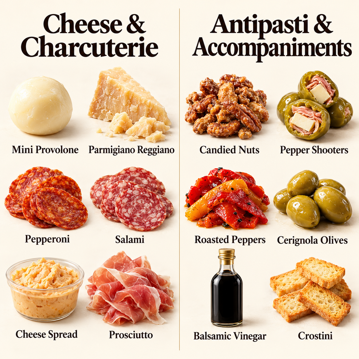 Overview of the 12 cheese, charcuterie, antipasti, and pantry items in the Italian Market Gift Crate
