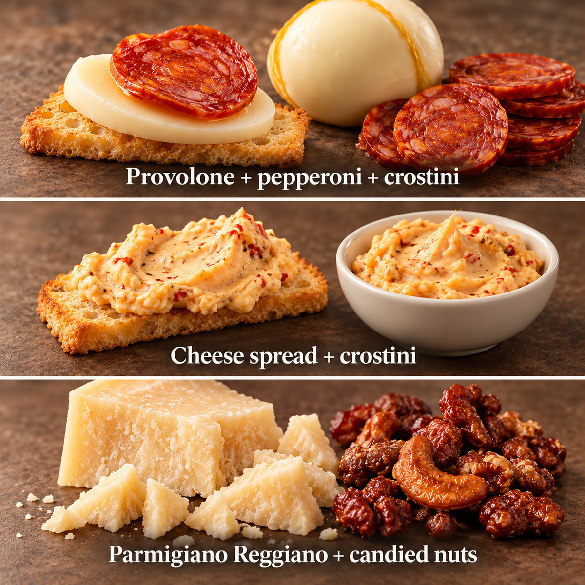Three serving ideas pairing Italian Market Gift Crate cheeses, meats, crostini, cheese spread, and candied nuts