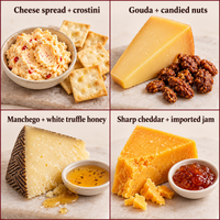 Four serving ideas pairing cheese spread, Gouda, Manchego, and cheddar with included accompaniments