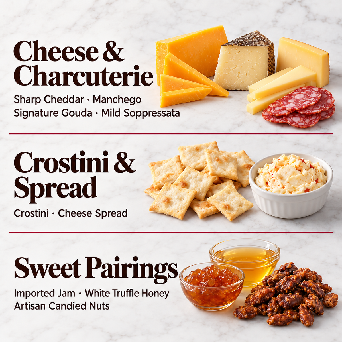 Visual guide to the Perfect Pairings gift box cheeses, soppressata, crostini, spread, jam, honey, and candied nuts