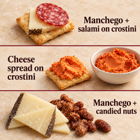 Three serving ideas pairing Manchego, salami, cheese spread, crostini, and candied nuts