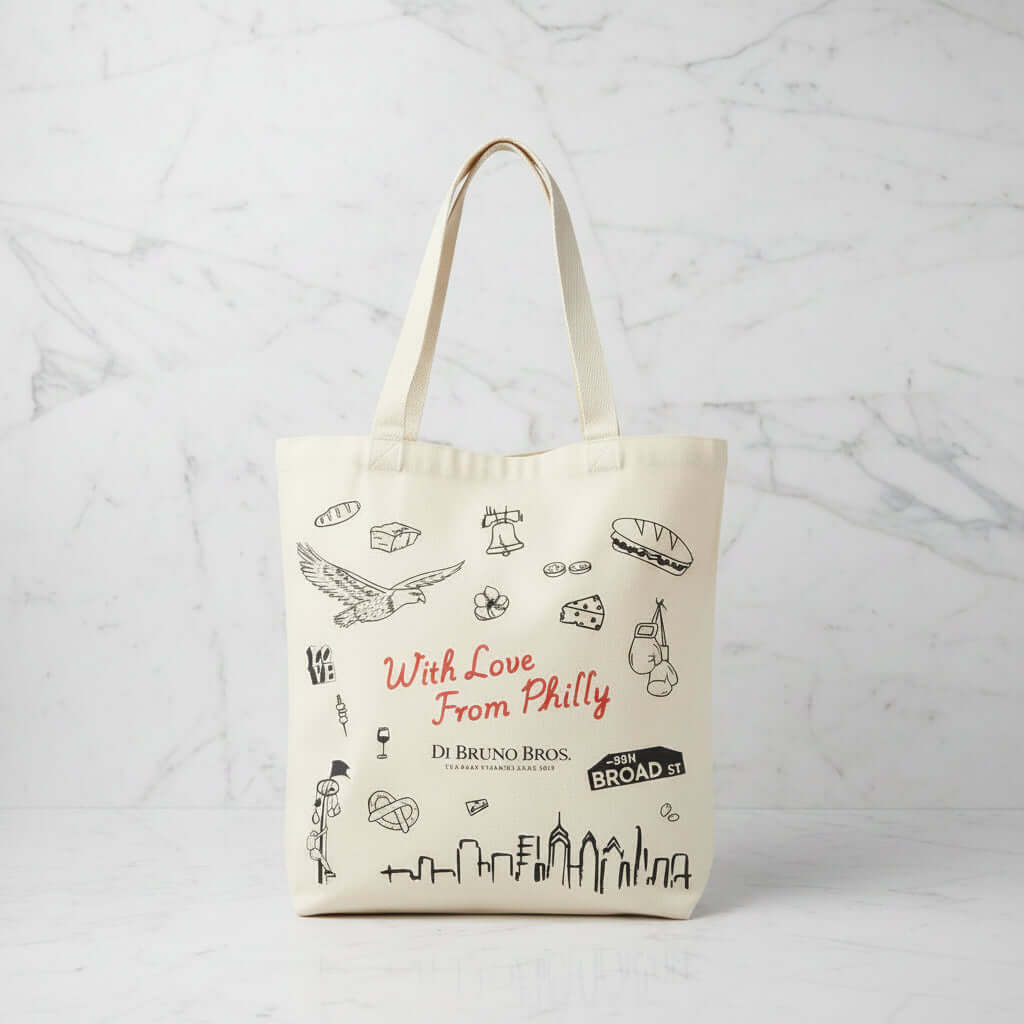Reusable Di Bruno Bros. tote with Philadelphia illustrations and “With Love From Philly” lettering