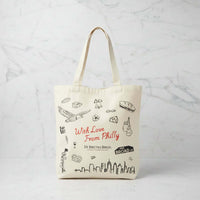 Reusable Di Bruno Bros. tote with Philadelphia illustrations and “With Love From Philly” lettering