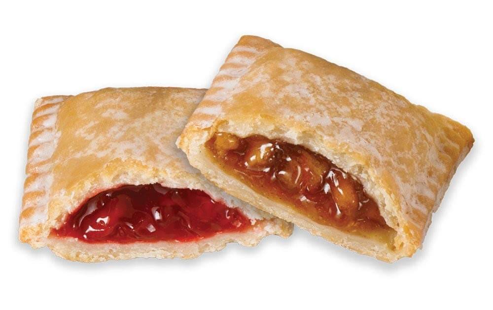 Cut-open Drake's cherry and apple fruit pies showing both fillings