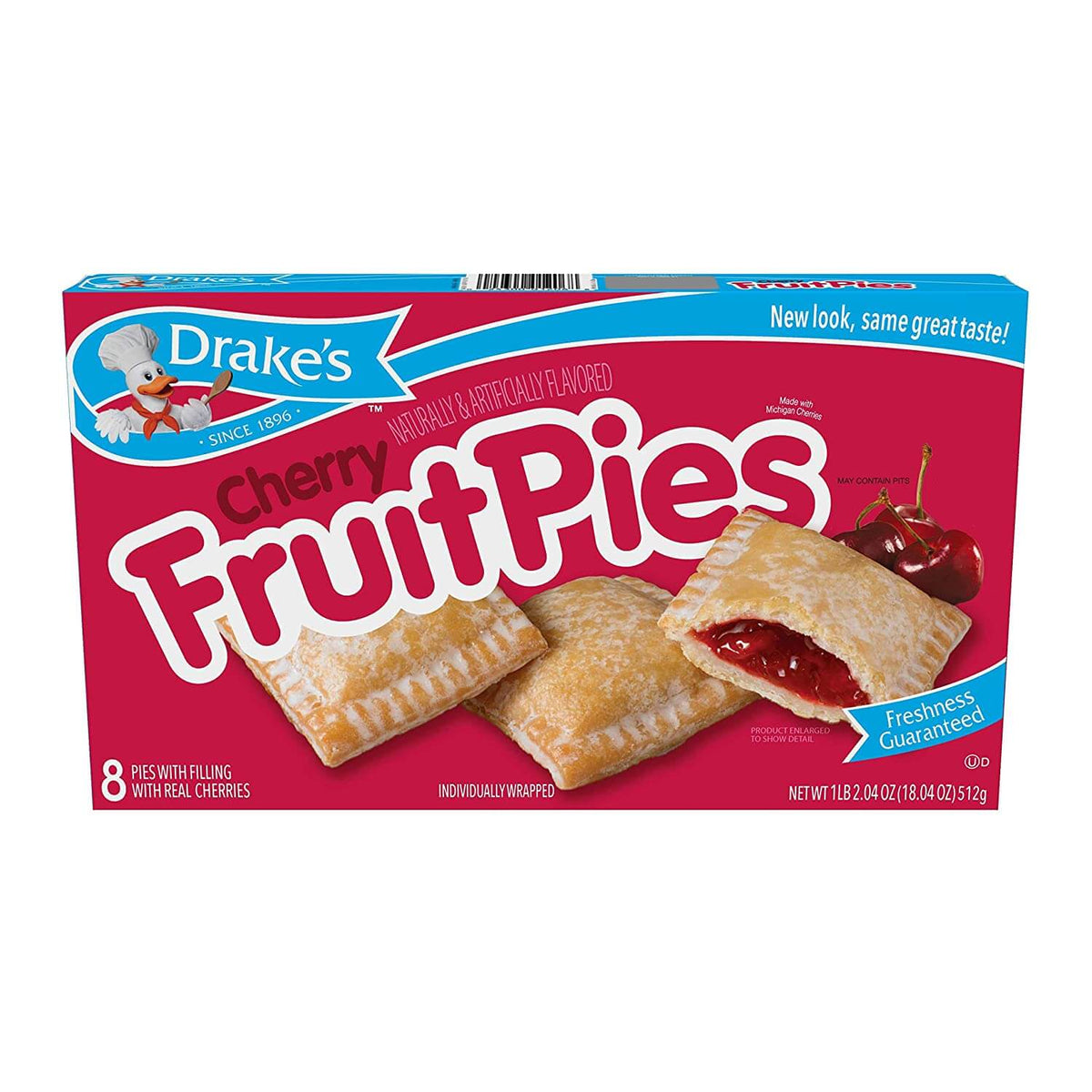 Front view of an eight-count box of Drake's Cherry Fruit Pies with real Michigan cherry filling