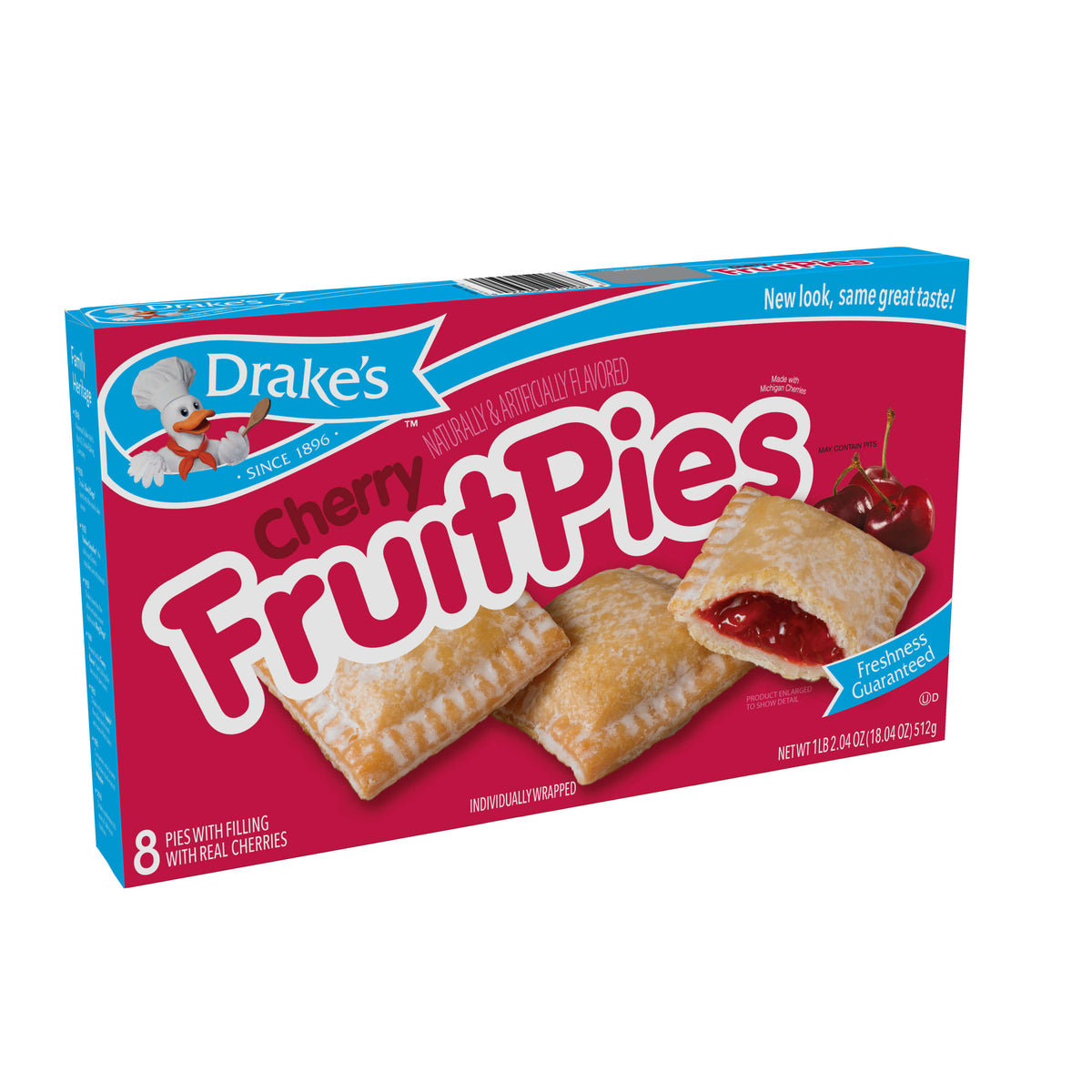 Left-angled view of an eight-count Drake's Cherry Fruit Pies box
