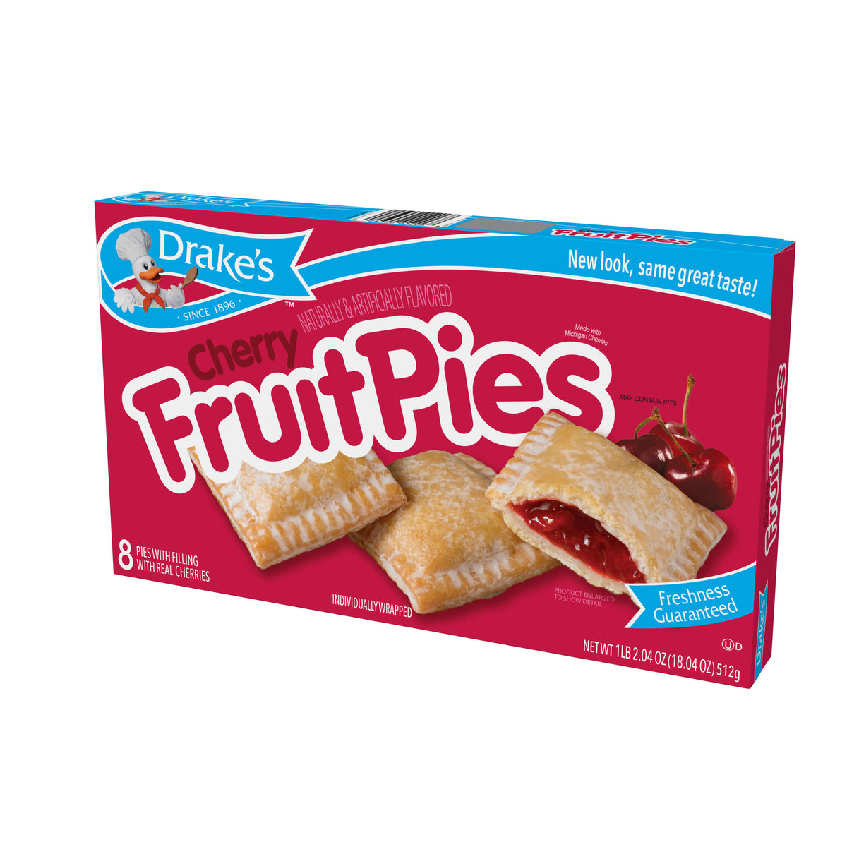 Right-angled view of an eight-count Drake's Cherry Fruit Pies box