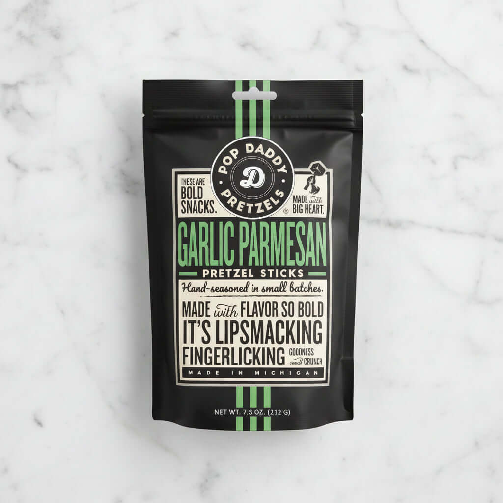 Bag of garlic Parmesan pretzel sticks pictured as an example pretzel variety