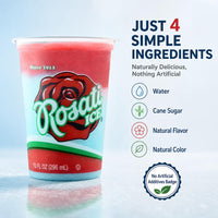 A cup of Rosati Ice dessert with a red rose logo, shown on a light blue reflective surface with marketing text and ingredient icons on the right.