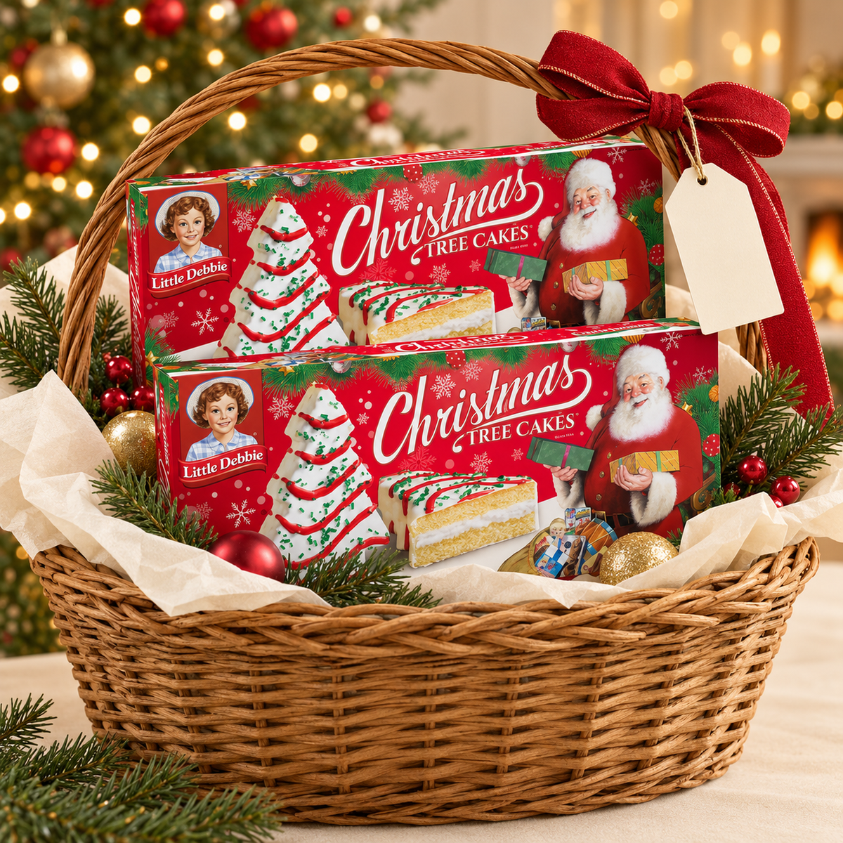 Two Little Debbie Vanilla Christmas Tree Cakes boxes arranged in a festive wicker gift basket with a blank gift tag.