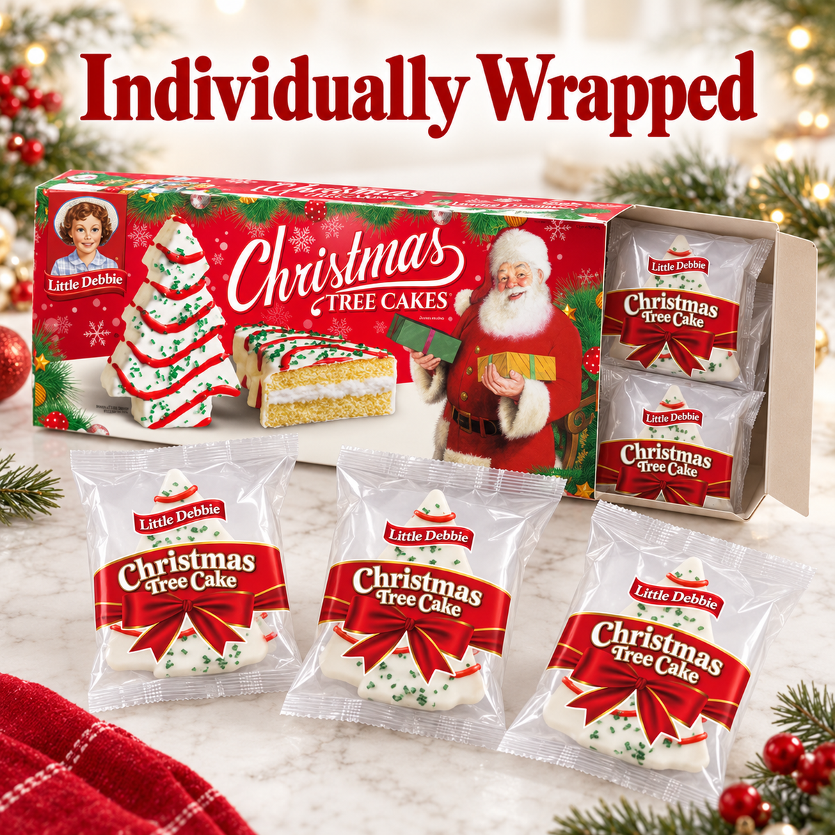Open Little Debbie Christmas Tree Cakes box with five individually wrapped vanilla tree cakes.