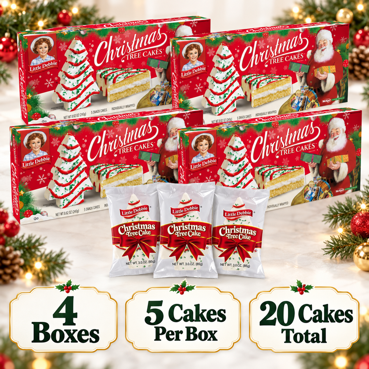 Four boxes of Little Debbie Vanilla Christmas Tree Cakes with individually wrapped cakes and quantity details showing 20 cakes total.