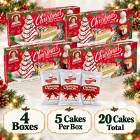 Four boxes of Little Debbie Vanilla Christmas Tree Cakes with individually wrapped cakes and quantity details showing 20 cakes total.
