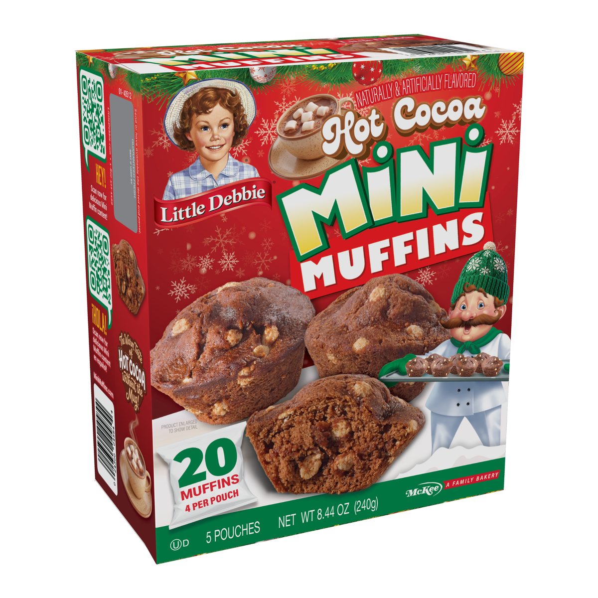 Angled box of Little Debbie Hot Cocoa Mini Muffins with chocolate muffins and marshmallow-flavored bits