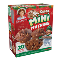 Angled box of Little Debbie Hot Cocoa Mini Muffins with chocolate muffins and marshmallow-flavored bits