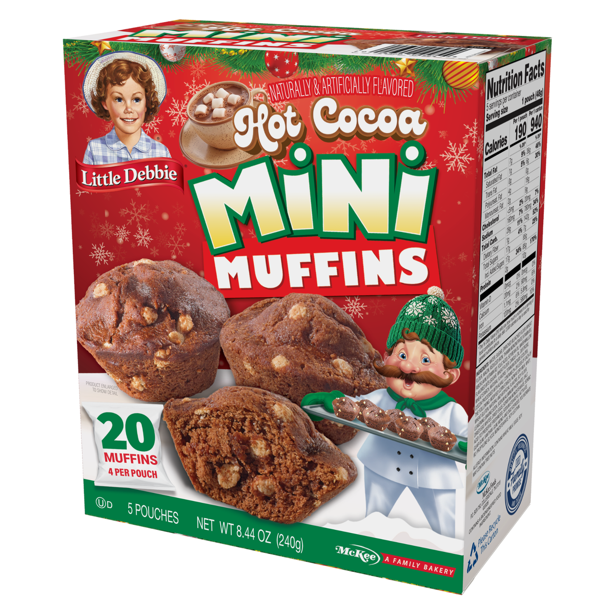 Three-quarter view of Little Debbie Hot Cocoa Mini Muffins box showing the nutrition panel