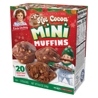 Three-quarter view of Little Debbie Hot Cocoa Mini Muffins box showing the nutrition panel