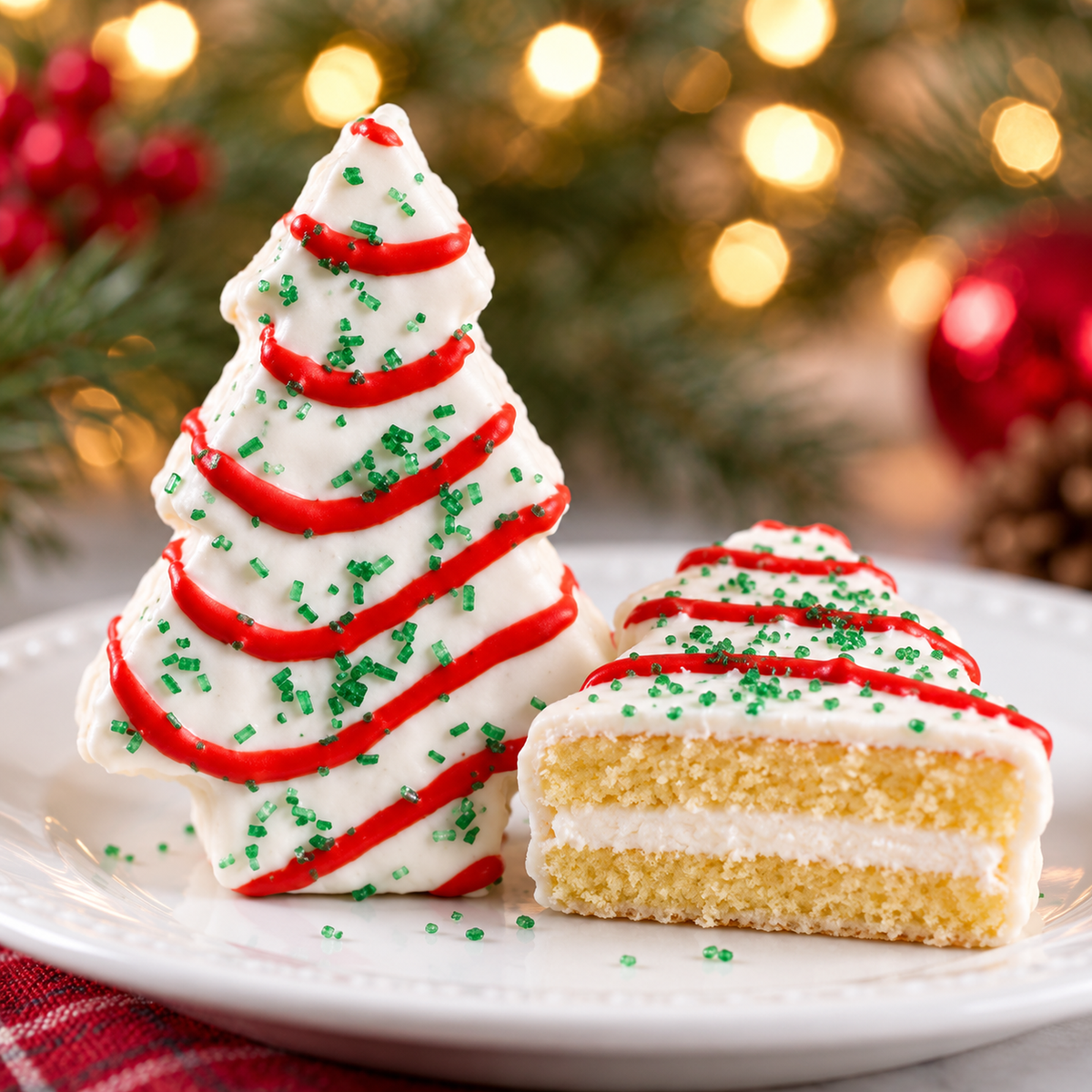 One Little Debbie Vanilla Christmas Tree Cake beside a cut cake showing golden layers and creme filling.
