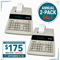 Two ivory Monroe 6120X printing calculators for $175, regularly $198, during the Annual 2-Pack Sale, September 15–30.