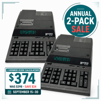 Two black Monroe 8130X printing calculators for $374, regularly $398, during the Annual 2-Pack Sale, September 15–30.