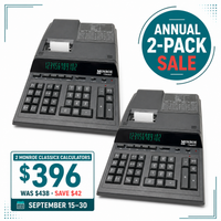 Two Monroe ClassicX printing calculators for $396, regularly $438, during the Annual 2-Pack Sale, September 15–30.