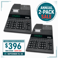 Two Monroe UltimateX printing calculators for $396, regularly $438, during the Annual 2-Pack Sale, September 15–30.